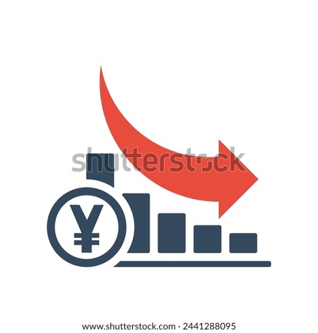 Bar chart with falling exponential trend and red arrow. Yuan negative dynamic concept. Yen positive inflation indicator.