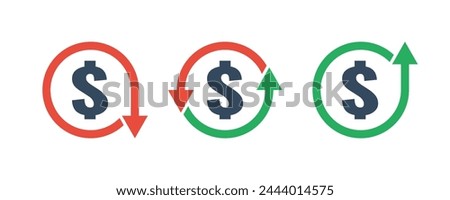 dollar sign icons set with green up and red down arrows