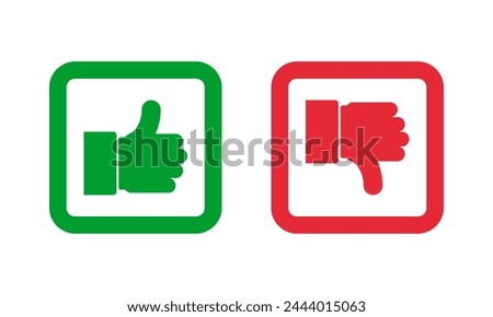Green thumb up and red thumb down squared outline vector icons. Like and dislike social media symbols.
