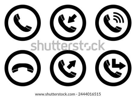 Phone call black outline vector icons set. Answer and decline symbols. Incoming and outgoing call signs. Talking and redirect buttons.