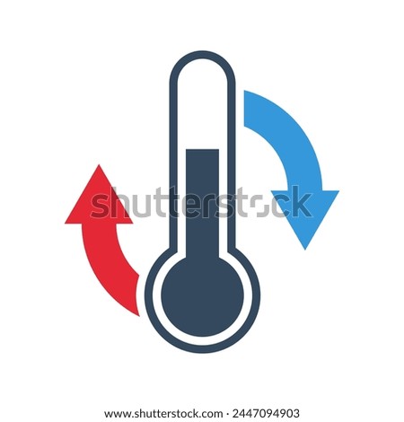 thermometer with red up and blue down arrows, climate control, weather change, flat vector bicolor icon