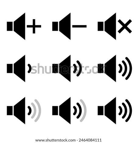volume control icons set, sound level pictogram, increase decrease voice sign, vector illustration set
