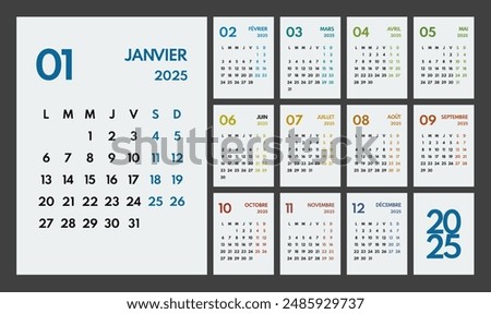 2025 year monthly office planner, calendar starts monday, two colorful weekends, white background, french months name