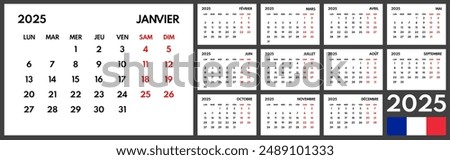 2025 year monthly office planner, calendar starts monday, two red weekends, white background, french months name