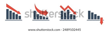 bar chart with falling trend and red arrow, negative or positive dynamic concept, 4 different vector icon, market or economical indicators