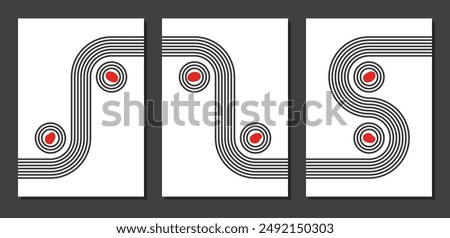 3 A3 posters, curved parallel lines and circles, meditation zen garden top view or life balance vector illustration, river flow and pebbles abstract, waterfall and ponds top view