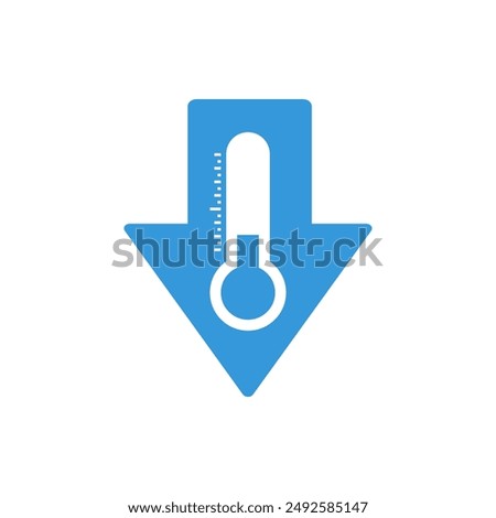 blue down arrow with thermometer sign, climate control, weather change, winter low temperature, flat vector bicolor icon