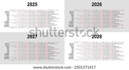 2025 2026 2027 2028 linear calendar, 12 months wall or desk planner with each month in row, vector template, english month names