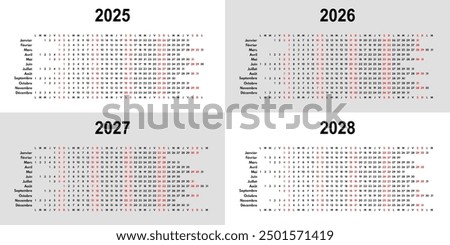 2025 2026 2027 2028 linear calendar, 12 months wall or desk planner with each month in row, vector template, french month names