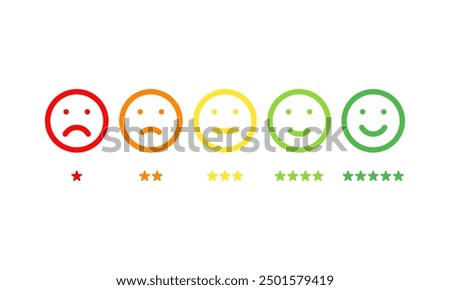 five different colors and moods smiles with stars, outline vector icons set