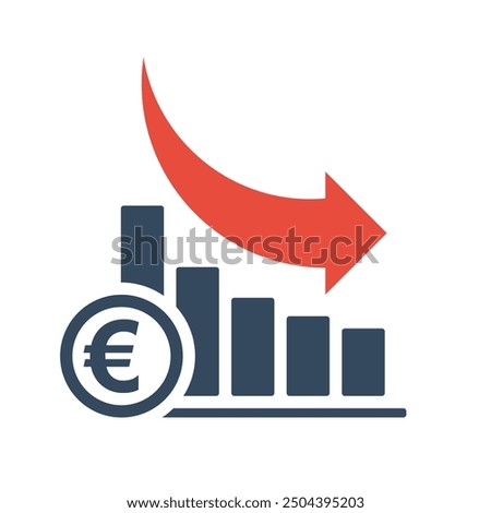 bar chart with falling exponential trend and red arrow, euro negative dynamic concept, european currency positive inflation indicator