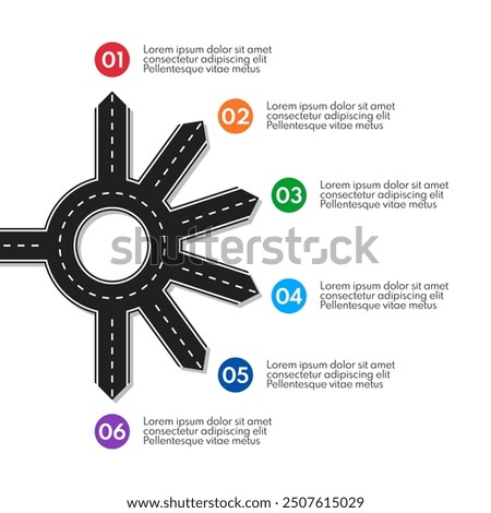 road line with ring crossroad and 65 different exits, vector infographics template