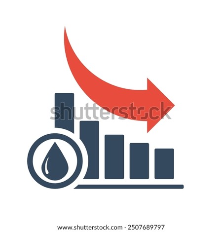 bar chart with falling exponential trend and red arrow, water price negative dynamic concept, oil reserves down trend