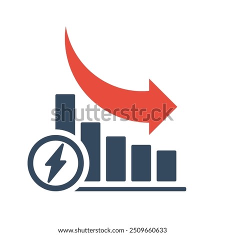 bar chart with falling exponential trend and red arrow, electricity using negative dynamic concept