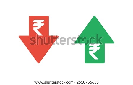 indian rupee sign with green up and red down arrows, tax or inflation indicator, price or income vector icon