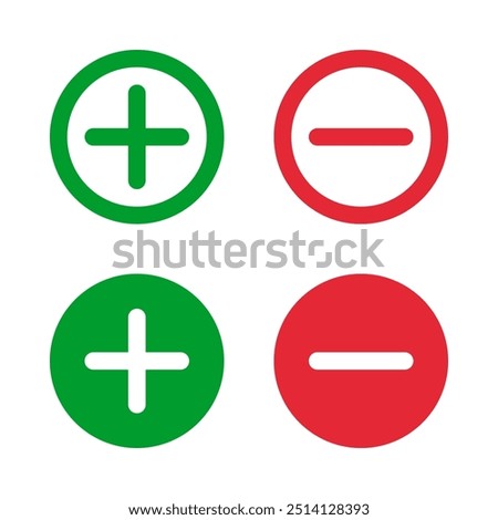 green plus and and minus round icon set, increase decrease vector pictogram, positive negative signs