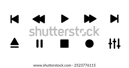 digital media player user interface buttons, analog black pictogram vector set