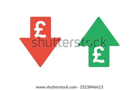 pound sterling sign with green up and red down arrows, tax or inflation indicator, price or income vector icon