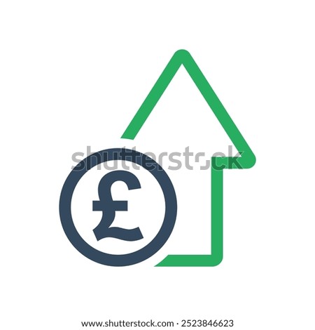 pound sterling coin and green arrow, positive economic dynamic concept, united kingdom currency increase exchange rate indicator