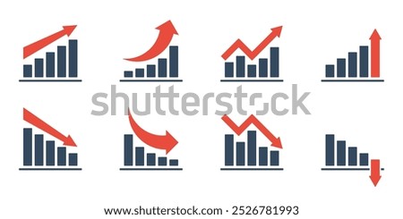 bar chart with falling and rising trend and red arrow, negative or positive dynamic concept, different vector icons, market or economical indicators