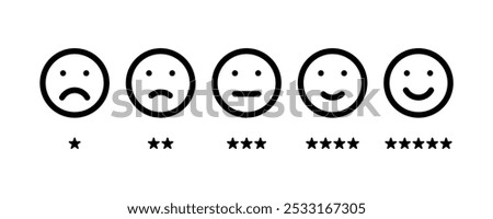 five different moods smiles with stars, outline vector icons set