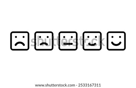 five different moods smiles, outline squared vector icons set