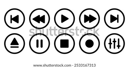 digital media player user interface buttons, analog black round outline pictogram vector set