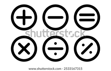 arithmetical signs simple vector round outline icons, black on white background