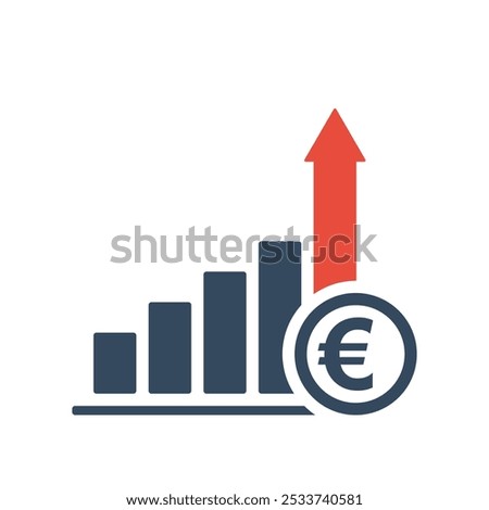 rising trend bar chart with euro sign and red up arrow, european union currency growth indicator, positive economic dynamic forecast infographic, tax increasing vector icon