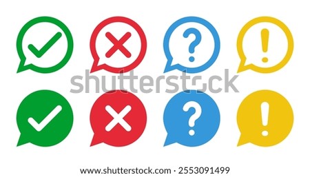 green check and red cross symbols, blue question mark and yellow exclamation point, round speech bubble thin line vector signs, solid fill circle icons set