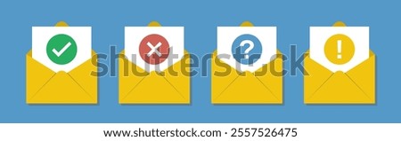 green check and red cross symbols, blue question mark and yellow exclamation point, envelope vector icons set