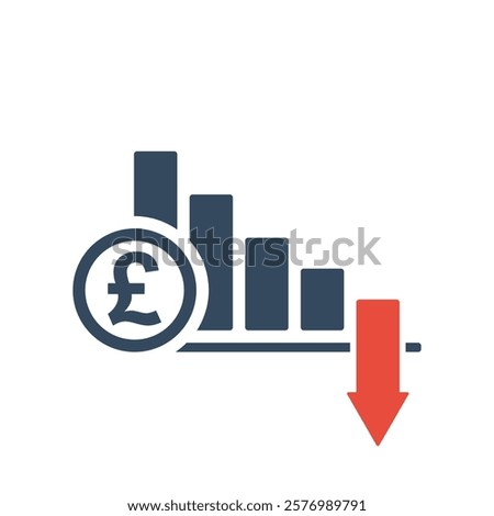 falling trend bar chart with pound sterling sign and red down arrow, united kingdom currency inflation indicator or income forecast vector icon