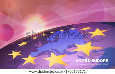 Vector background with the outline of Europe on the globe. Sunrise over a United Europe. Yellow star logo of the European Union. Concept of uniting European countries to solve common problems.