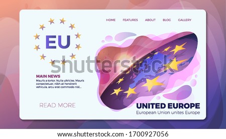 Landing page with the outline of Europe on the globe. Sunrise over a United Europe. Yellow star logo of the European Union. Concept of uniting European countries to solve common problems.