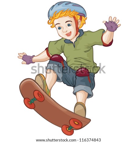 Vector Illustration, Cute Boy With Skateboard, Cartoon Concept, White ...