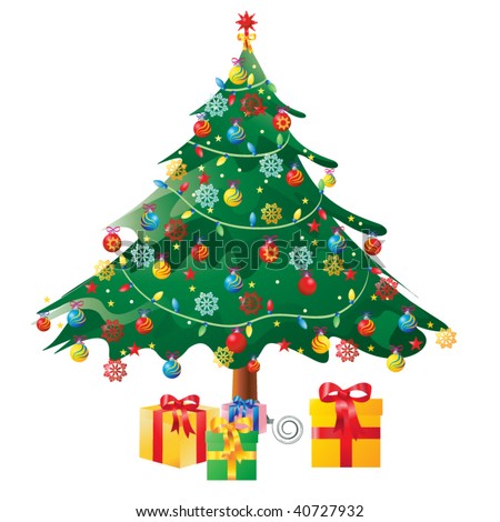 Vector Illustration, Christmas Tree With Presents, Card Concept, White ...