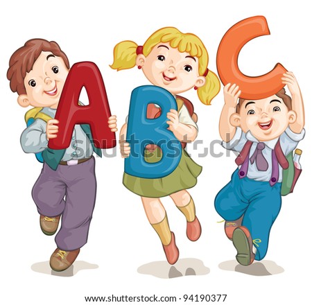 Vector Illustration, Cute School Kids With Letters, Card Concept, White ...