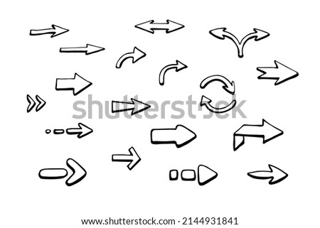 Hand-drawn arrows in a doodle style. A set of black arrows of different directions and shapes. Up, down, left, right, twisted and split. Isolated on a white background. Vector graphics