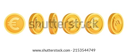 Set of European 3d coins in the form of the euro Volumetric bank currency. 3d euro coins in different positions. Cash transfer Banking and finance. Isolated vector illustration