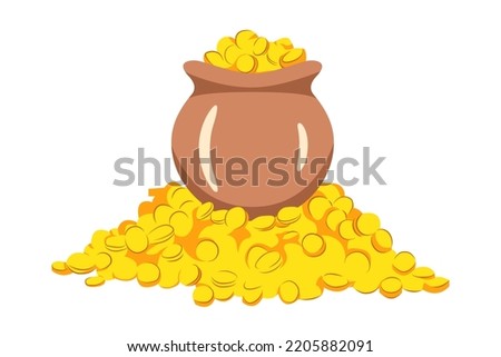 A flat style pot of gold. cartoon illustration. A clay pot filled with glittering gold coins, and on a mountain of gold coins. Abundance of wealth. Vector graphics abundance and money