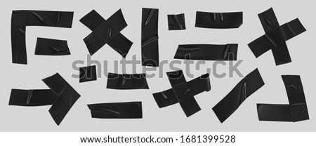 Black duct tape set. Realistic black adhesive tape pieces for fixing isolated on grey background. Arrow, cross, corner and paper glued.