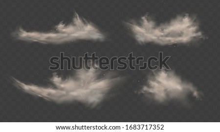 Dusty clouds set. Smoke with sand, stones and flying dirty, soil dust particles isolated on transparent background. Air pollution concept. Realistic vector illustration