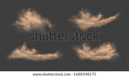 Dust sand clouds set with stones and flying dusty particles isolated on transparent background. Desert sandstorm. Realistic vector illustration
