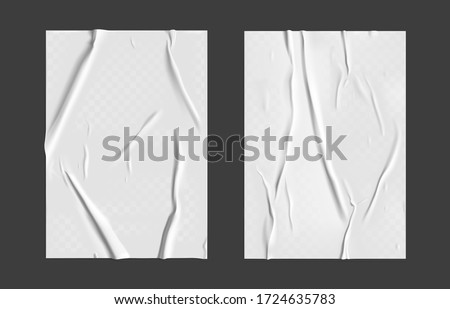 Glued paper set with wet transparent wrinkled effect on gray background. White wet paper poster template set with crumpled texture. Realistic vector posters mockup