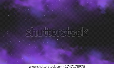 Purple smoke isolated on transparent dark background. Abstract purple powder explosion with particles and glitter. Smoke hookah, poison gas, violet dust, fog effect. Realistic vector illustration