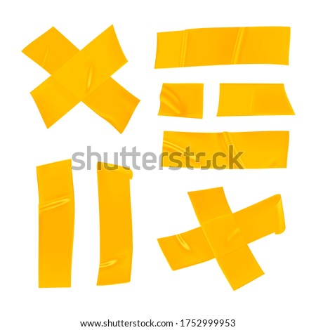 Yellow duct tape set. Realistic yellow adhesive tape pieces for fixing isolated on white background. Adhesive cross and paper glued. Realistic 3d vector illustration