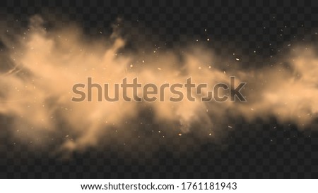 Dust sand cloud with stones and flying dusty particles isolated on transparent background. Desert sandstorm. Realistic vector illustration