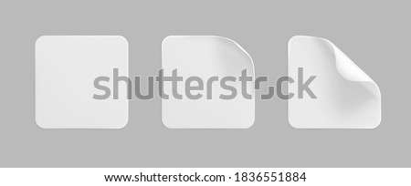 White square glued stickers with curled corners mock up set. Blank white adhesive square paper or plastic sticker label with wrinkled, crumpled effect. Blank template label tags. 3d realistic vector