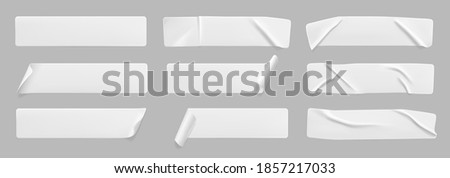 White glued crumpled stickers with curled corners mock up set. Blank white adhesive paper or plastic sticker label with wrinkled and creased effect. Template label tags close up. 3d realistic vector