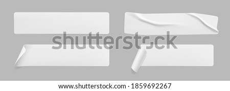 White glued crumpled stickers with curled corners mock up set. Blank white adhesive paper or plastic sticker label with wrinkled and creased effect. Template label tags close up. 3d realistic vector